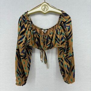 Pretty Garbage Brown Leaf Print Crop Top Festival Tie Front‎ Long Sleeve LARGE